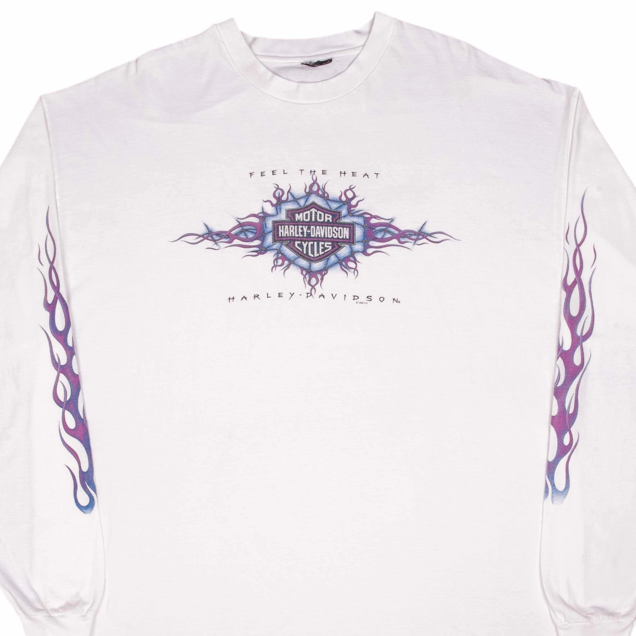 LayeredSleeveConstruction ReinforcedNeckline VINTAGE HARLEY DAVIDSON LONG SLEEVES FLAME TEE SHIRT 1998 SIZE 2XL MADE IN USA