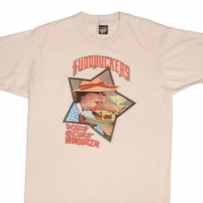 VINTAGE FUDDRUCKERS WORLD'S GREATEST BURGERS TEE SHIRT 1990S LARGE MADE USA Simple Comfort Look