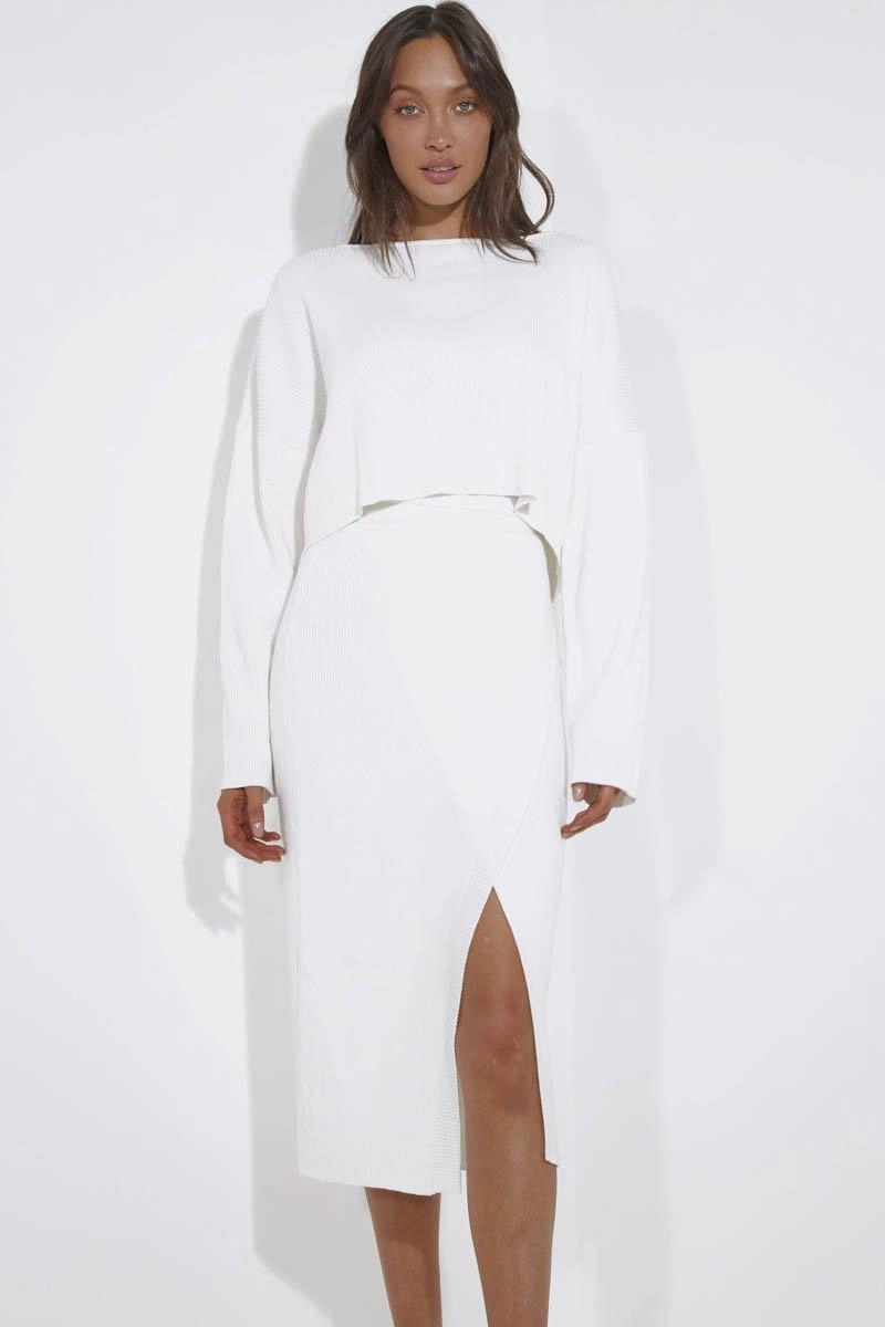 Cece Knit Set - White Balloon-Sleeve