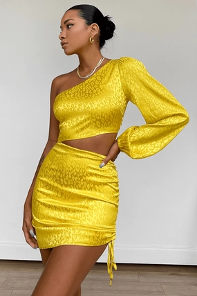 Stella Mini Dress - Yellow Front Ruffle Drawstring-Waist