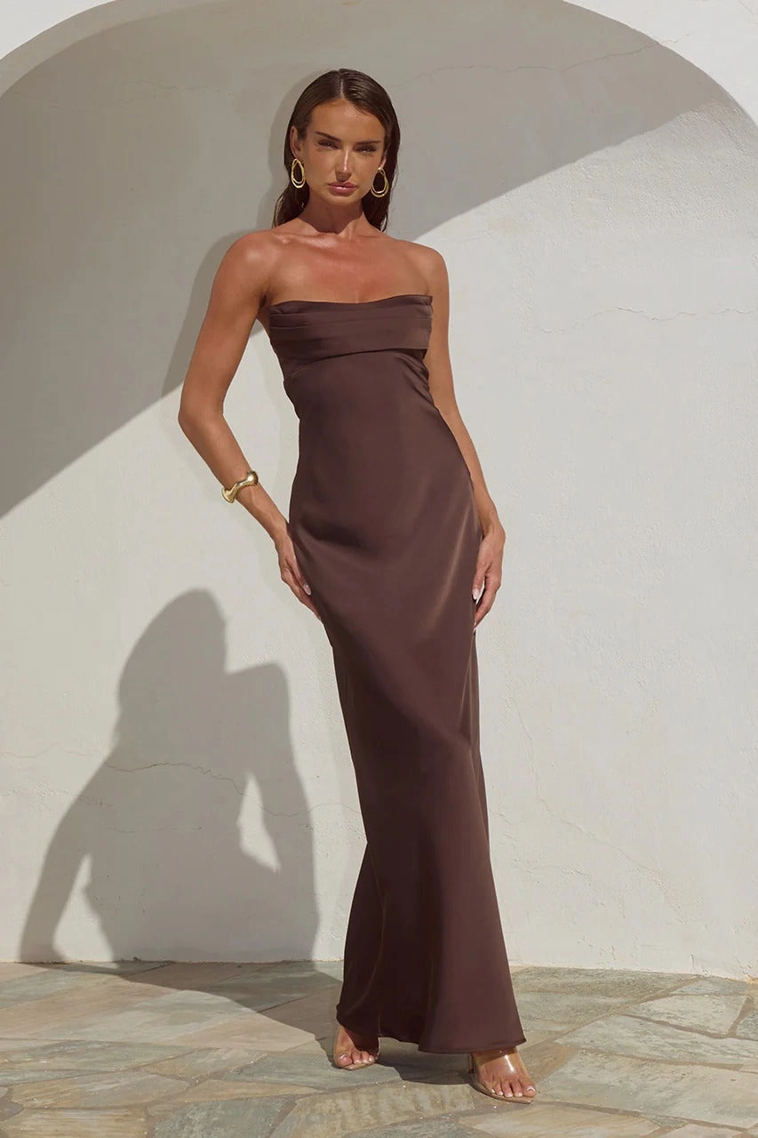 Madeleine Strapless Maxi Dress - Bitter Chocolate Casual Chic Wear Profile Enhancer