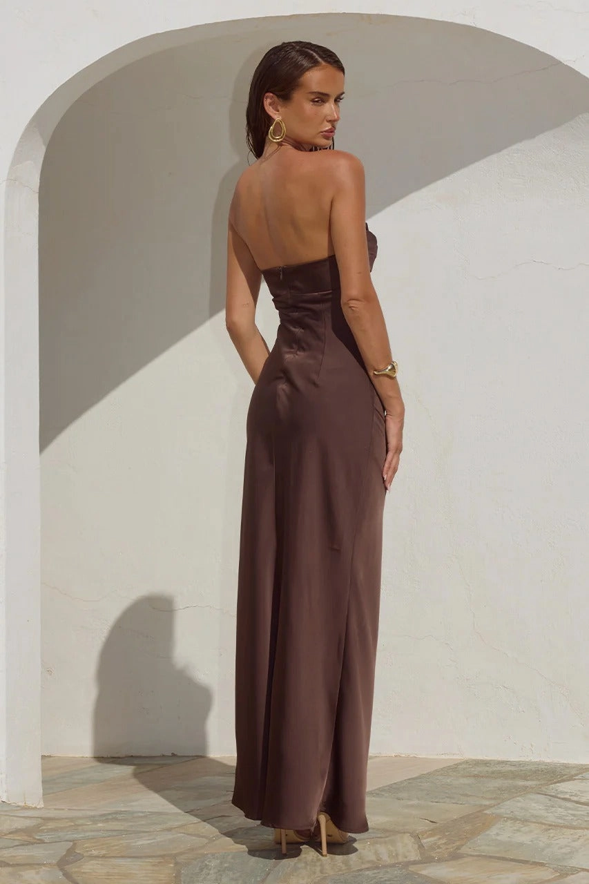 Madeleine Strapless Maxi Dress - Bitter Chocolate Chilly Comfort Wear Coffee Break