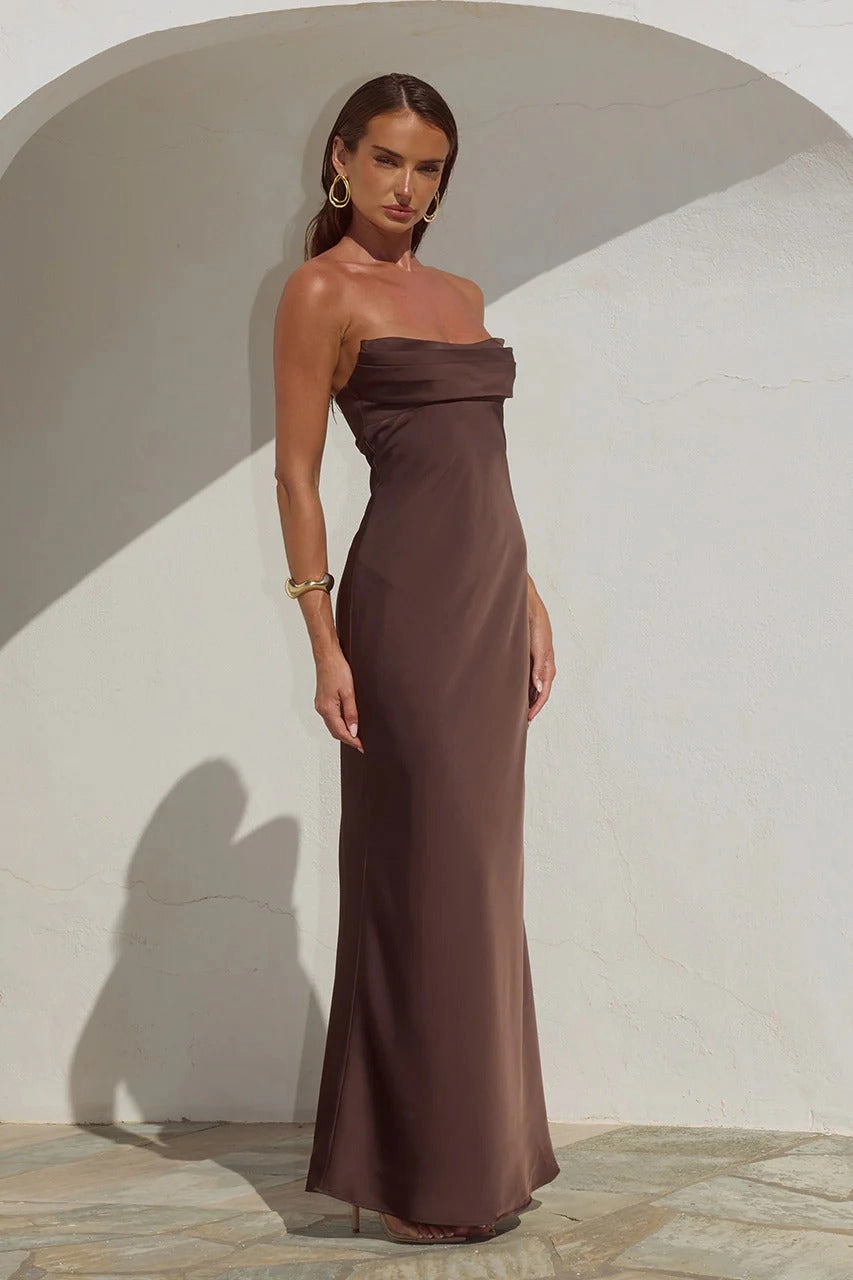 Satin-Finish Madeleine Strapless Maxi Dress - Bitter Chocolate