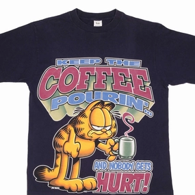 VINTAGE GARFIELD KEEP THE COFFEE POURING 1990S TEE SHIRT SIZE MEDIUM MADE IN USA RibbedNeckBanding