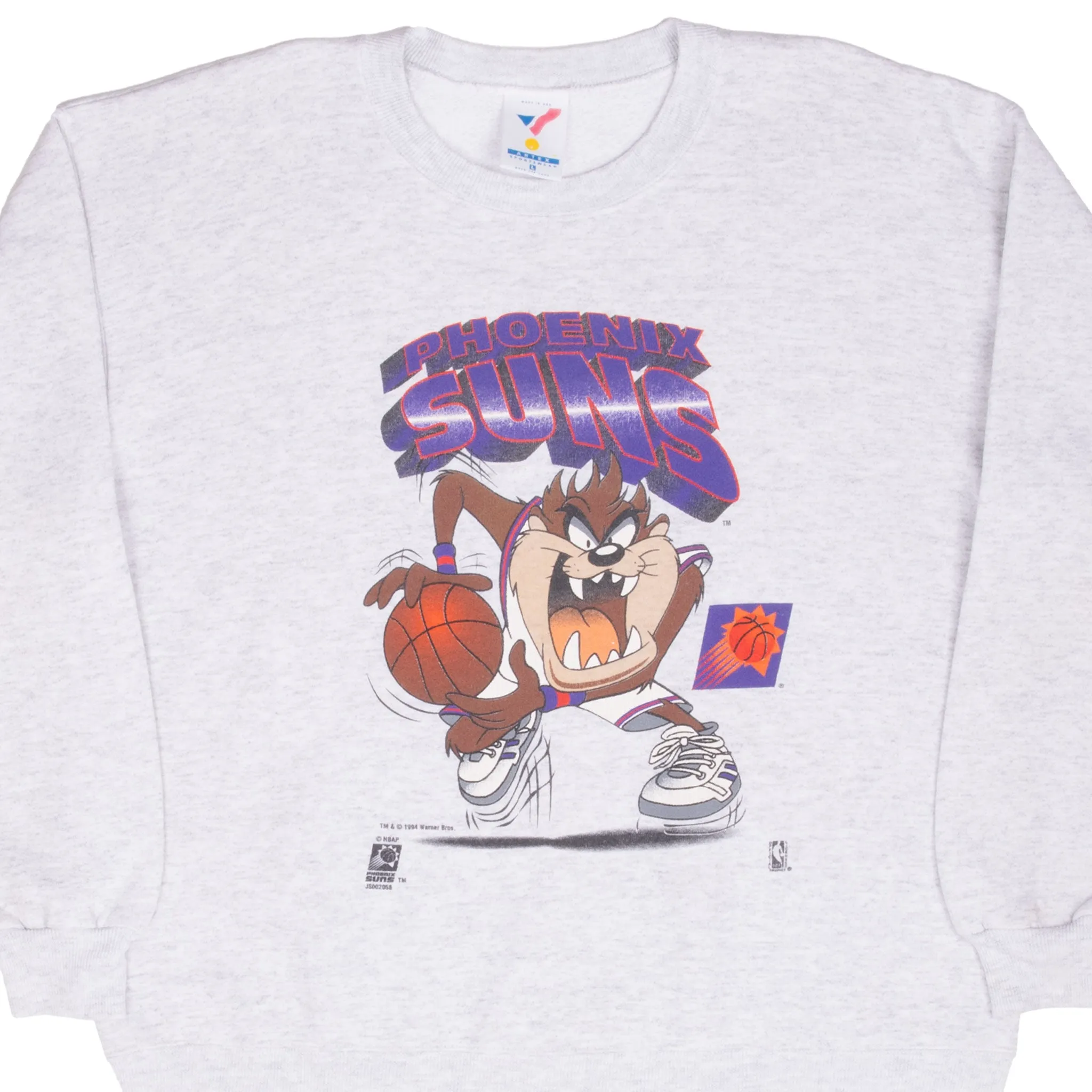 Cool in summer Warm in winter VINTAGE NBA PHOENIX SUNS TAZ LOONEY TUNES GREY SWEATSHIRT 1994 LARGE MADE IN USA