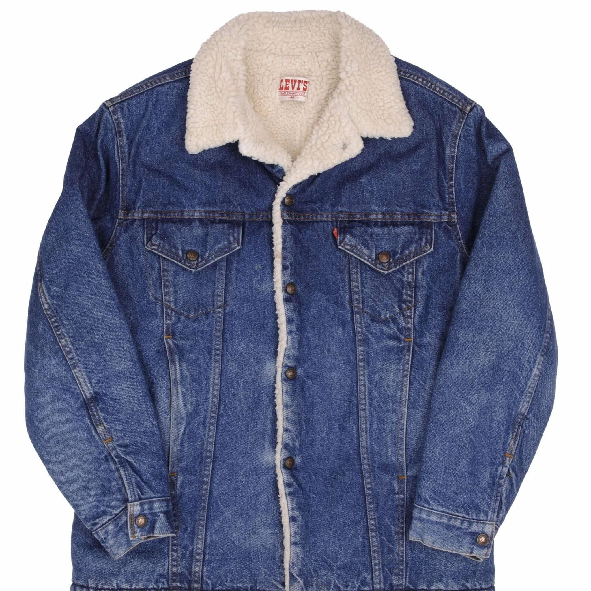 VINTAGE LEVIS SHERPA TRUCKER DENIM JACKET 1980S SIZE 42L MADE IN USA Laser Cut Perforations