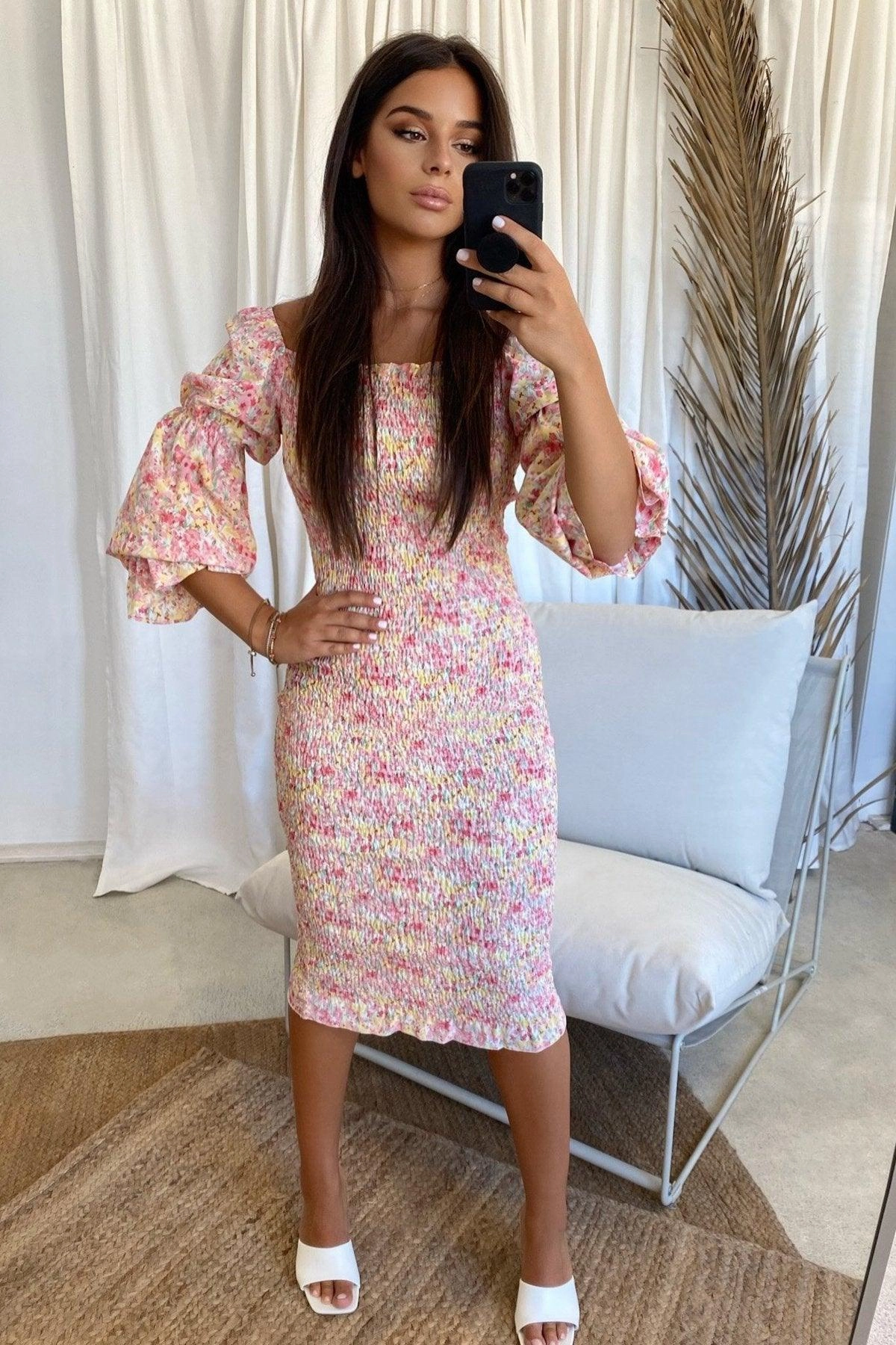 Courtney Dress - Sunset Floral Feminine off-the-shoulder gown Outdoor Scene