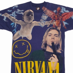 Breathable Flex Fit Relaxed fit style VINTAGE BOOTLEG ALL OVER PRINT NIRVANA KURT COBAIN 1994 TEE SHIRT LARGE MADE USA