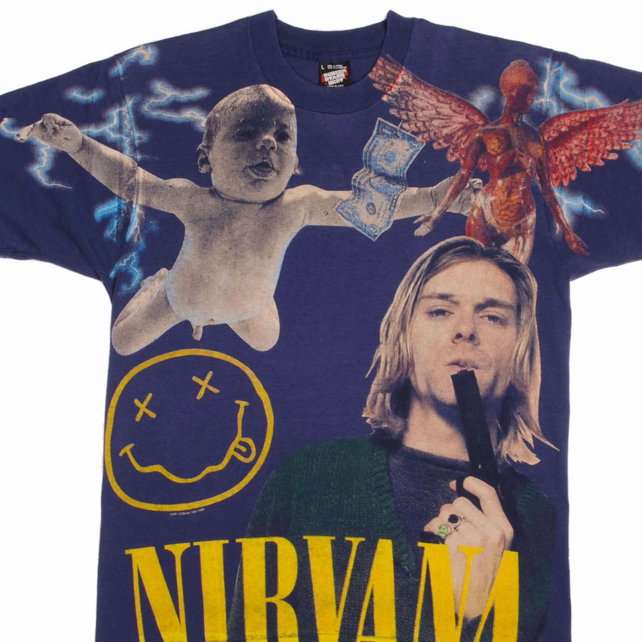 Breathable Flex Fit Relaxed fit style VINTAGE BOOTLEG ALL OVER PRINT NIRVANA KURT COBAIN 1994 TEE SHIRT LARGE MADE USA