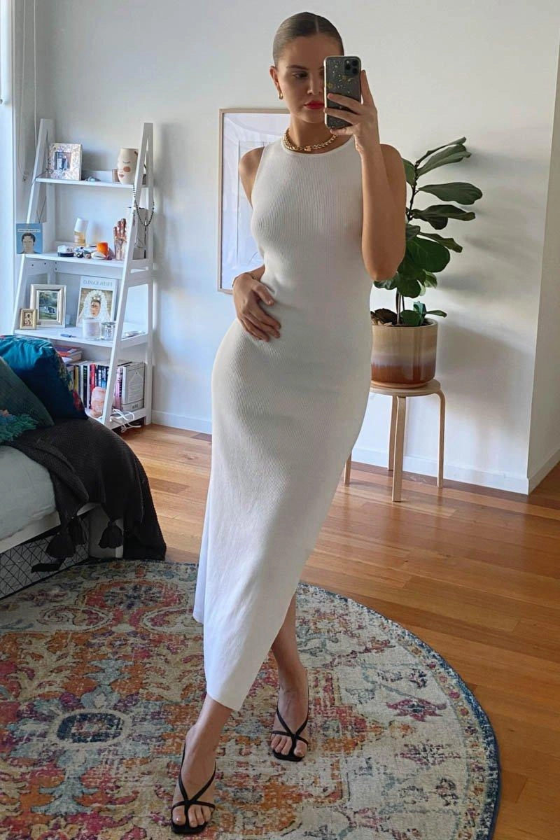 Mish Ribbed Maxi Dress - White Silky-Feel Semi Formal