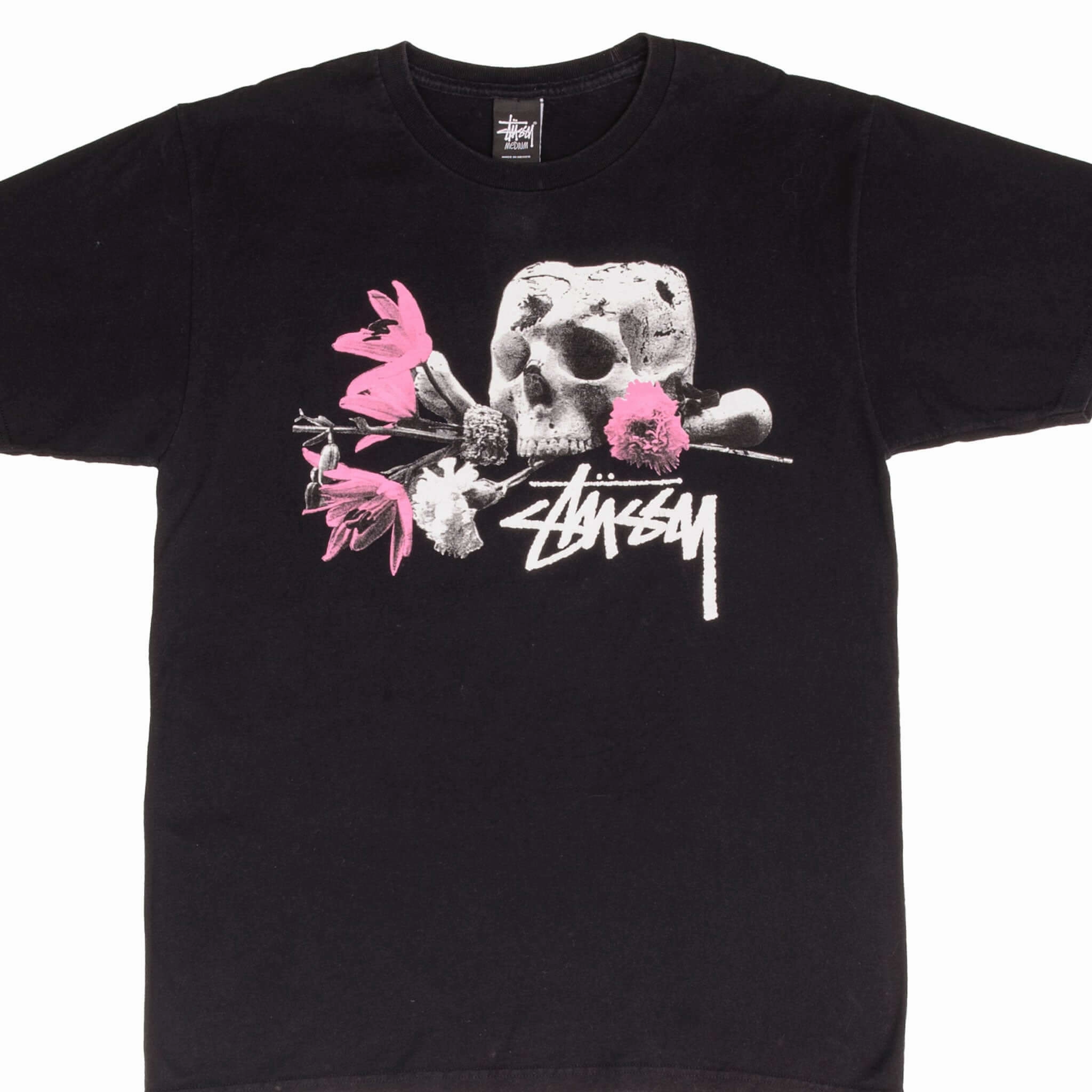 VINTAGE STUSSY SKULL AND FLOWERS TEE SHIRT SIZE MEDIUM 2000S Sublimation Printed Collar