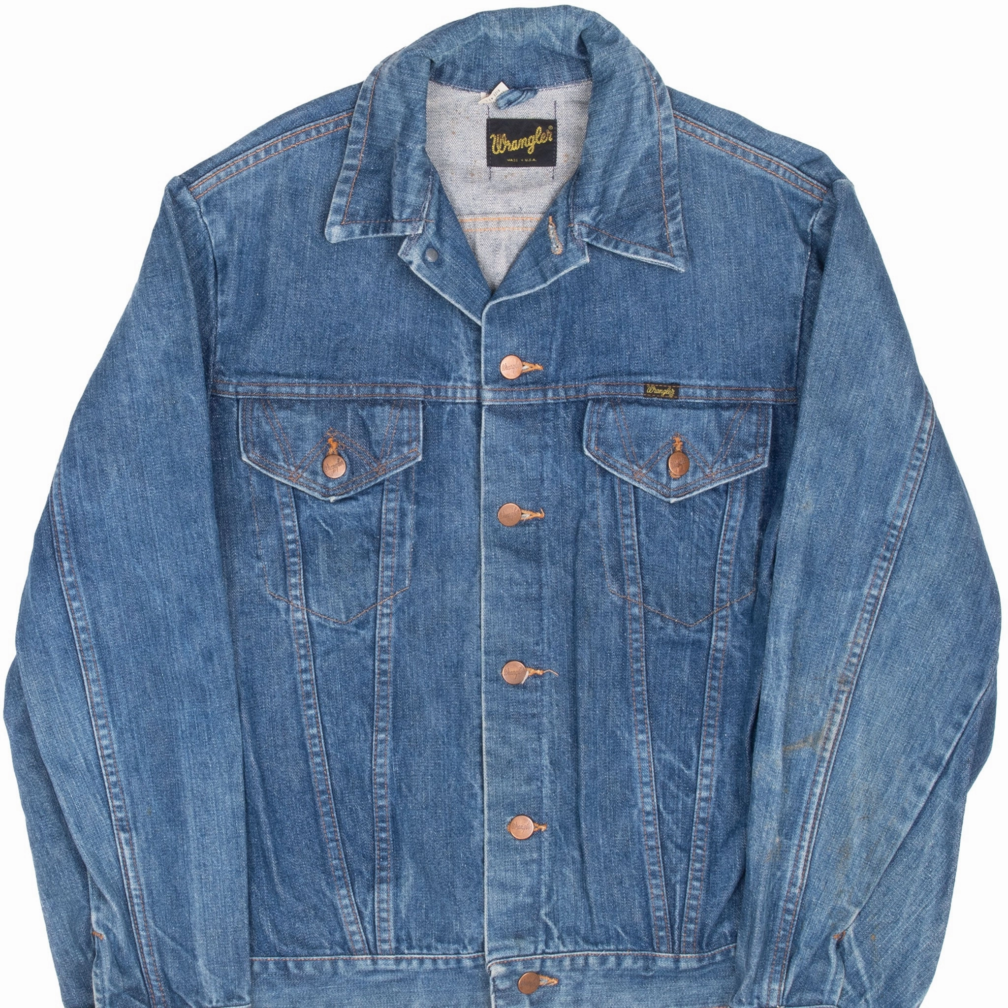 Non Restrictive Mobility VINTAGE WRANGLER 2 POCKETS BLUE DENIM JACKET 1970S SIZE 42L MADE IN USA