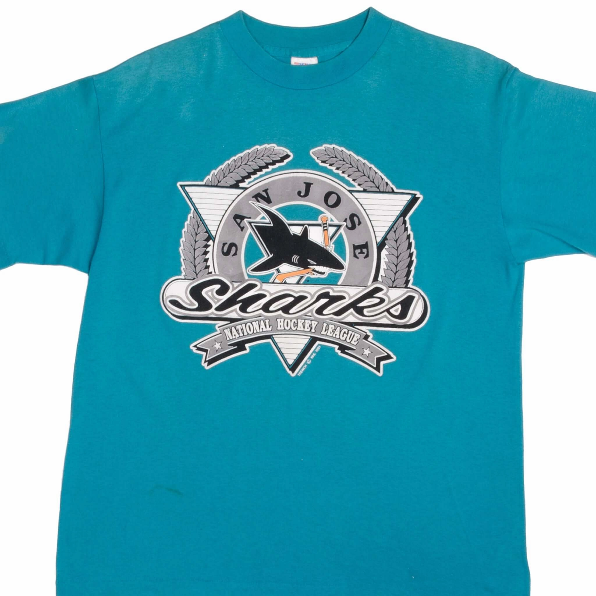 VINTAGE NHL SAN JOSE SHARKS TEE SHIRT 1991 SIZE LARGE MADE IN USA Stretch Knit