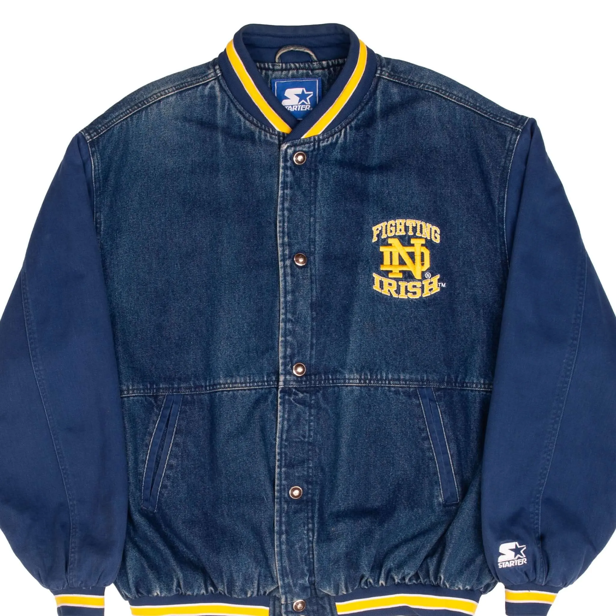 Functional Gear Anti Slip Collar VINTAGE NCAA NOTRE DAME FIGHTING IRISH STARTER DENIM VARSITY JACKET 1990S SZE XL