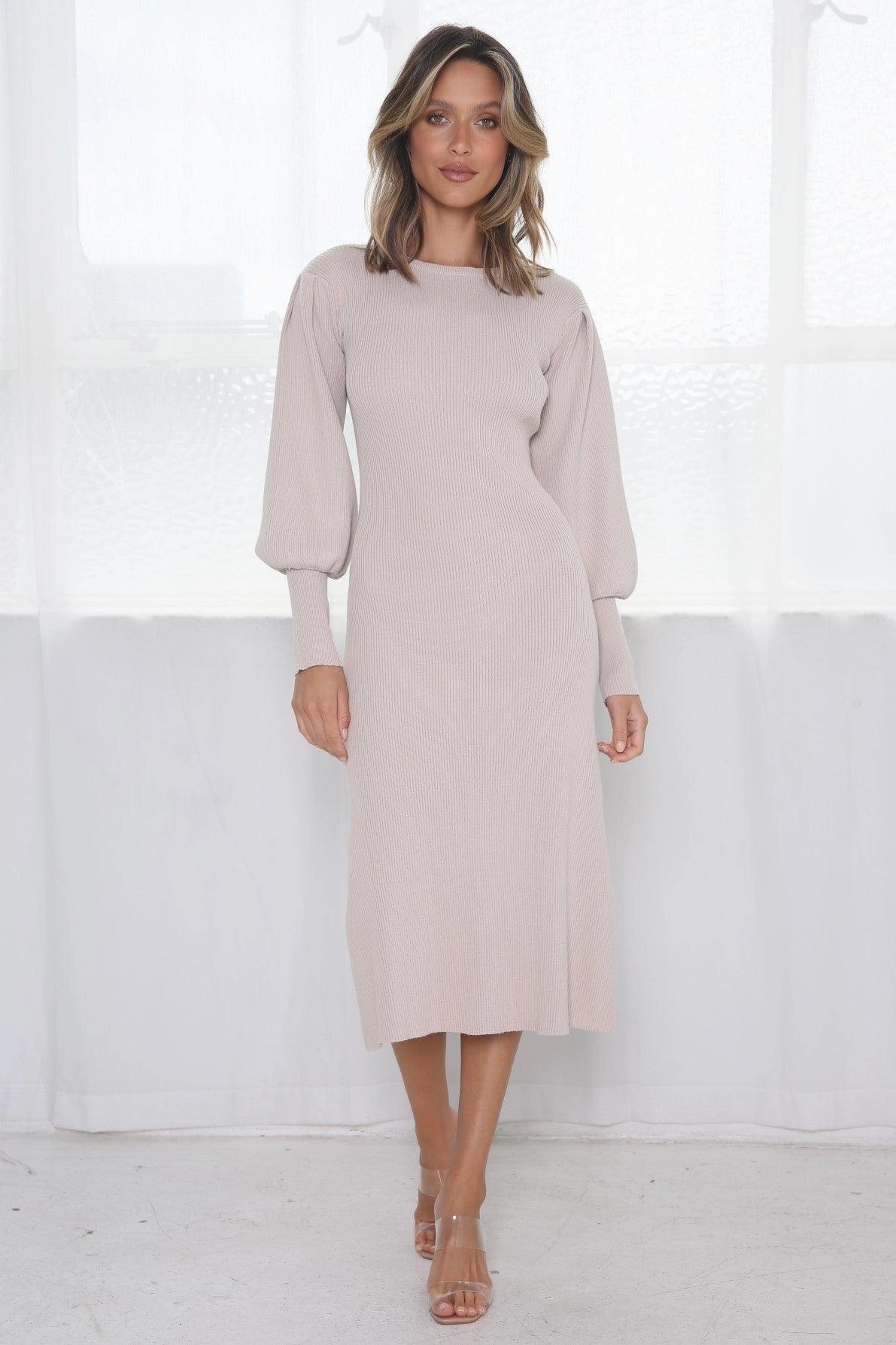 Flattering Look Wear Lori Bell Sleeve Dress - Beige
