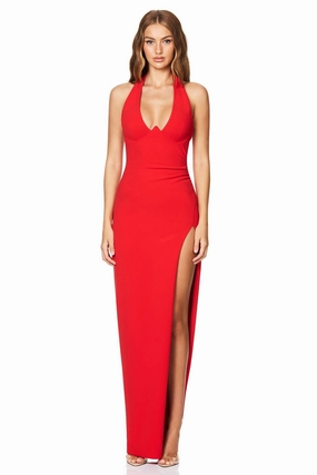Fitted Mood Nookie Cinema Halter Gown - Cherry