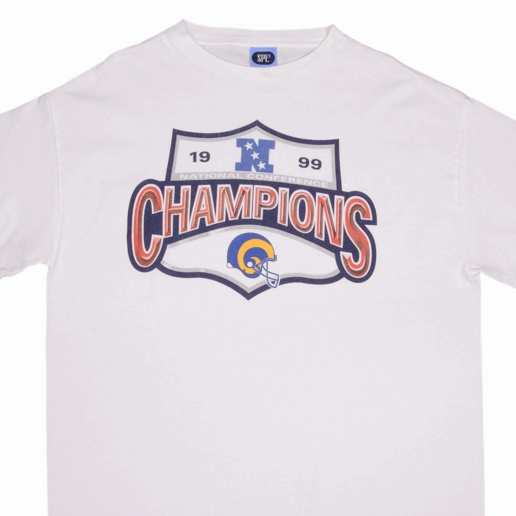 VINTAGE NFL LOS ANGELES RAMS NFC CHAMPIONS 1999 TEE SHIRT SIZE 2XL Layering Wear Seam Free Edging