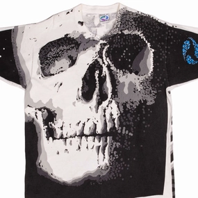 Everyday Chic VINTAGE LIQUID BLUE ALL OVER PRINT SKULL PINKERTON TEE SHIRT 1992 XL MADE USA