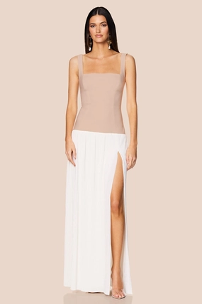 Dew Glow Simple Comfort Nookie Desiree Square Neck Maxi Dress - Nude/White