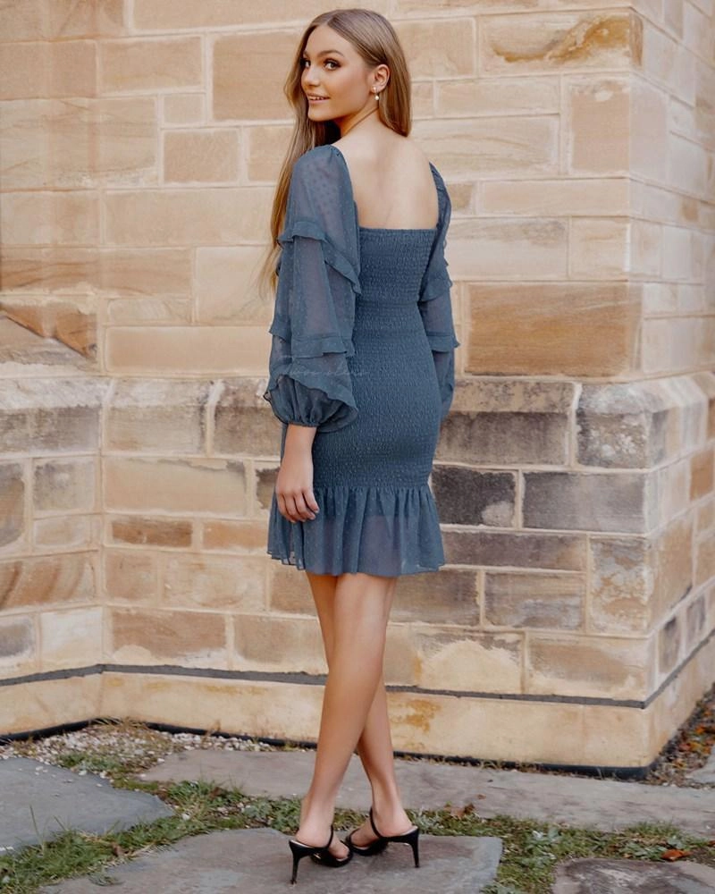 Gail Dress - Steel Blue Flower Grace