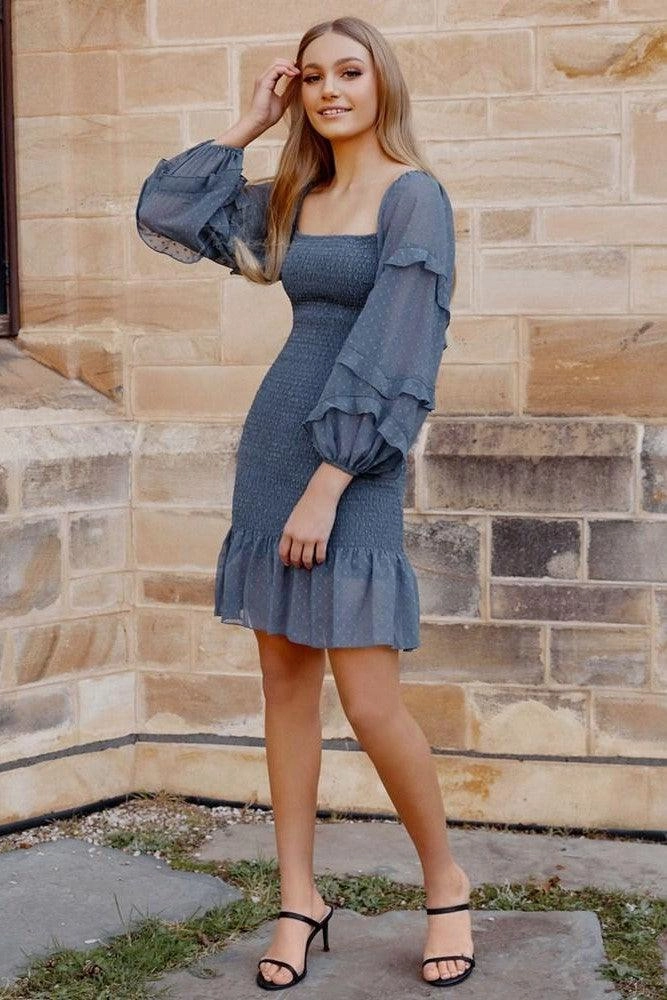 Gail Dress - Steel Blue Mesh-Sleeve