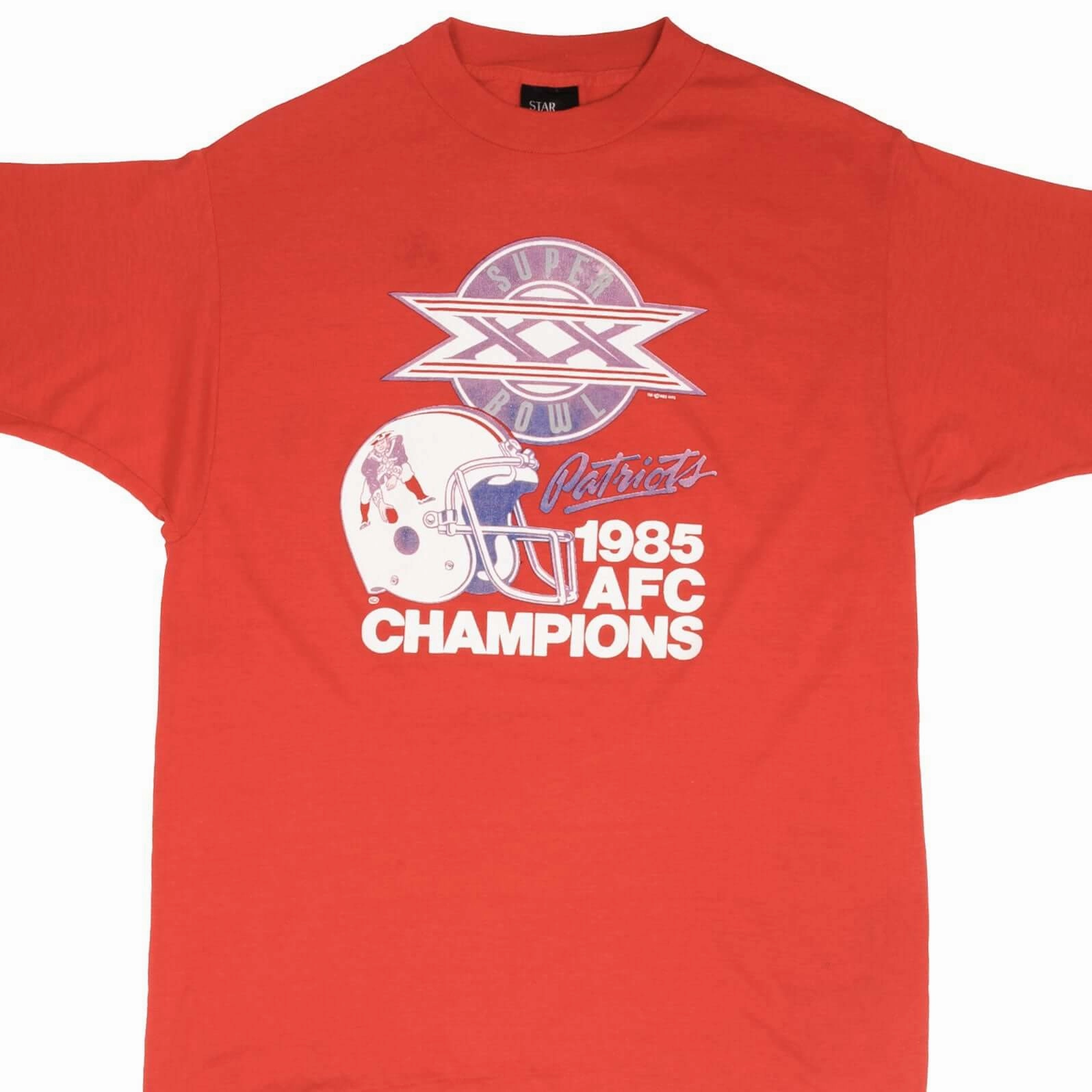 VINTAGE NFL NEW ENGLAND PATRIOTS SUPER BOWL 1985 TEE SHIRT MEDIUM MADE IN USA TaglessDesign hypoallergenic material