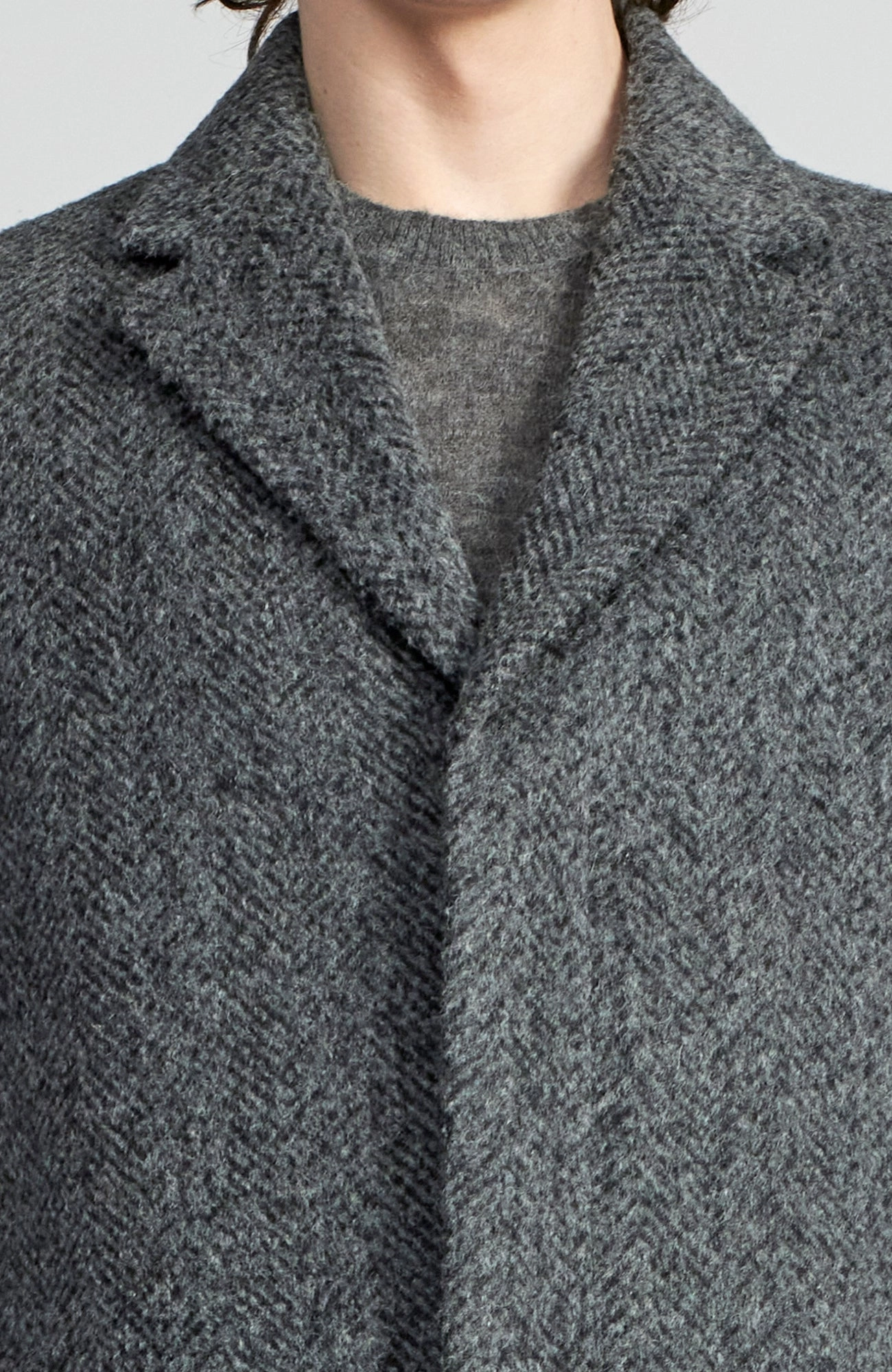 Reinforced Shoulders Taped Seam Construction MERCER ALPACA & CASHMERE CHARCOAL HERRINGBONE TOPCOAT