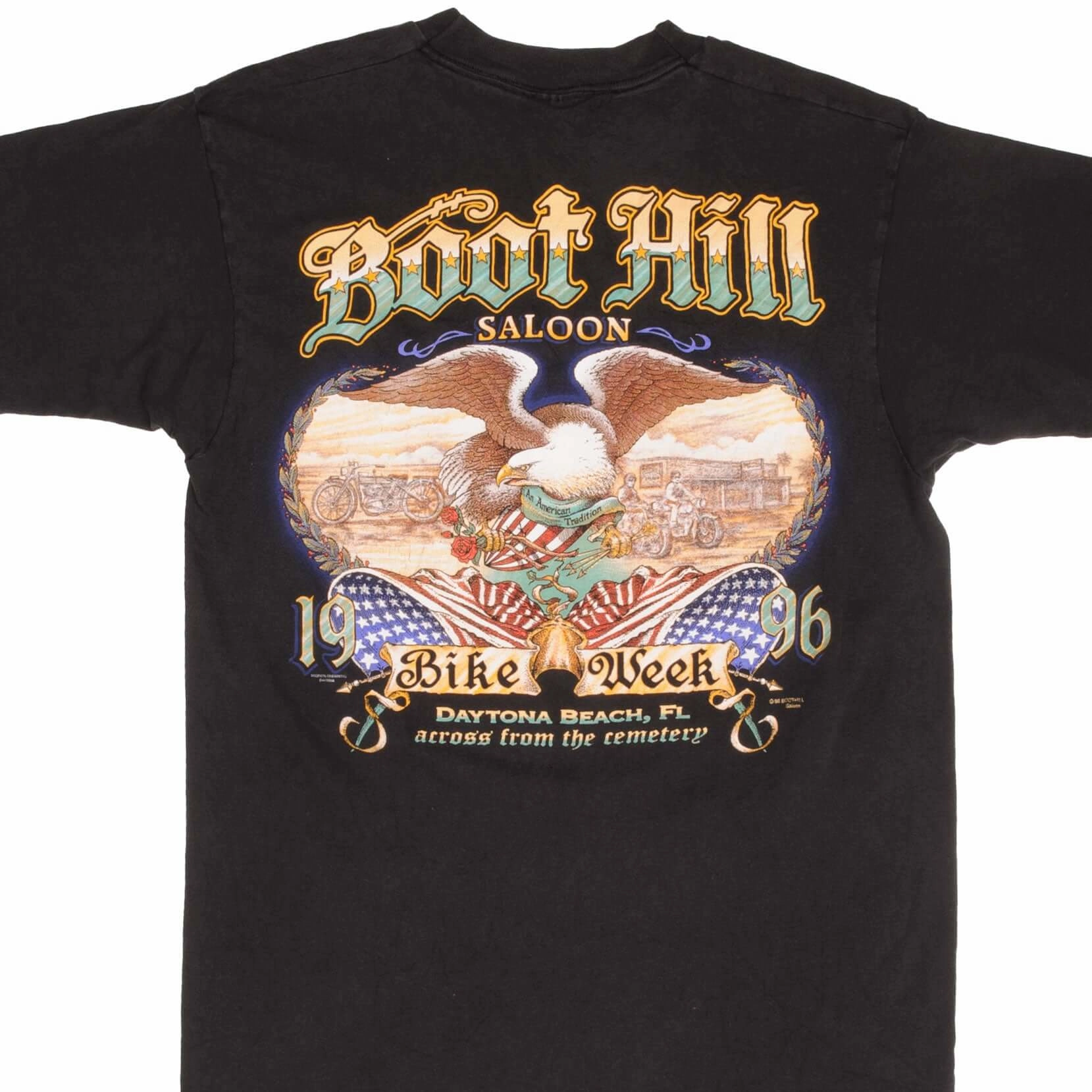 Ribbed Collar Trim Slim Fit Comfort VINTAGE BOOT HILL SALOON BIKE WEEK 1996 TEE SHIRT SIZE LARGE MADE IN USA