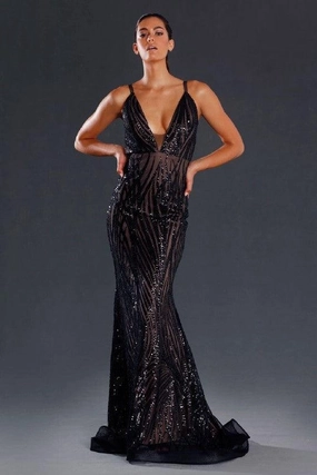 Jadore JX098 Jennifer Dress - Black Mature Glam Velvet-Sleeve