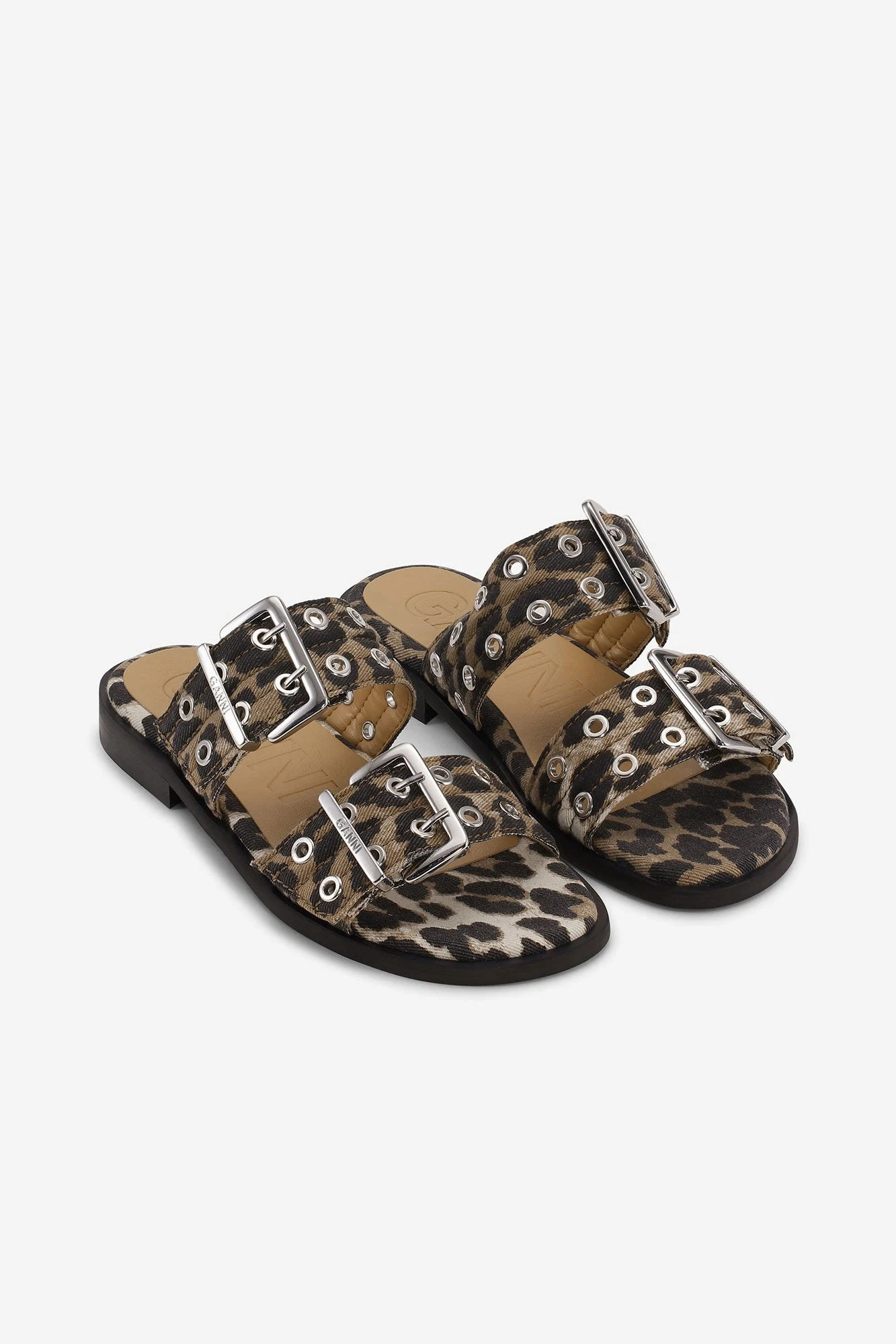 Supportive Walk Leopard Denim Feminine Buckle Two-Strap Sandals