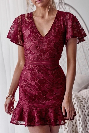 Button-Cuff Flattering Waist Design Fit Alexia Dress - Red (Final Sale)