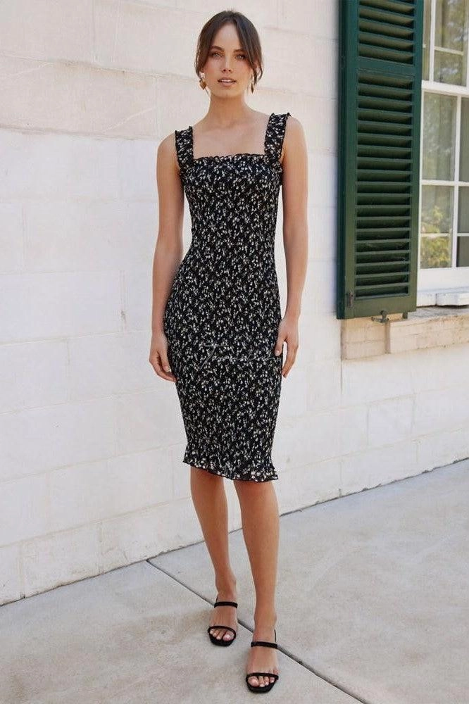 Flowy Cut Basic Warm Mellie Dress - Black Floral