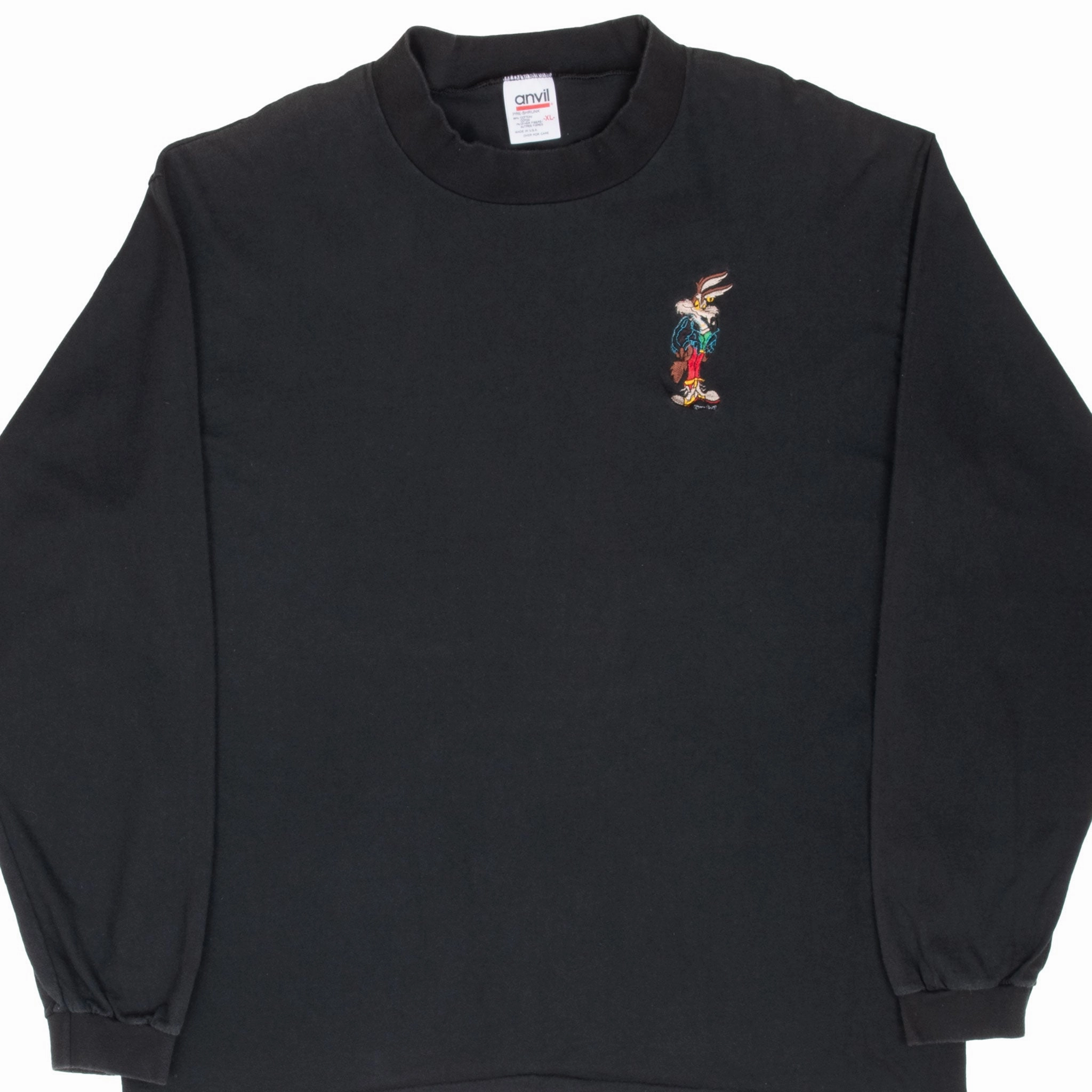 VINTAGE LOONEY TUNES WILE E COYOTE EMBROIDERED LONG SLEEVE TEE SHIRT 1990S LARGE Hydrophobic coating