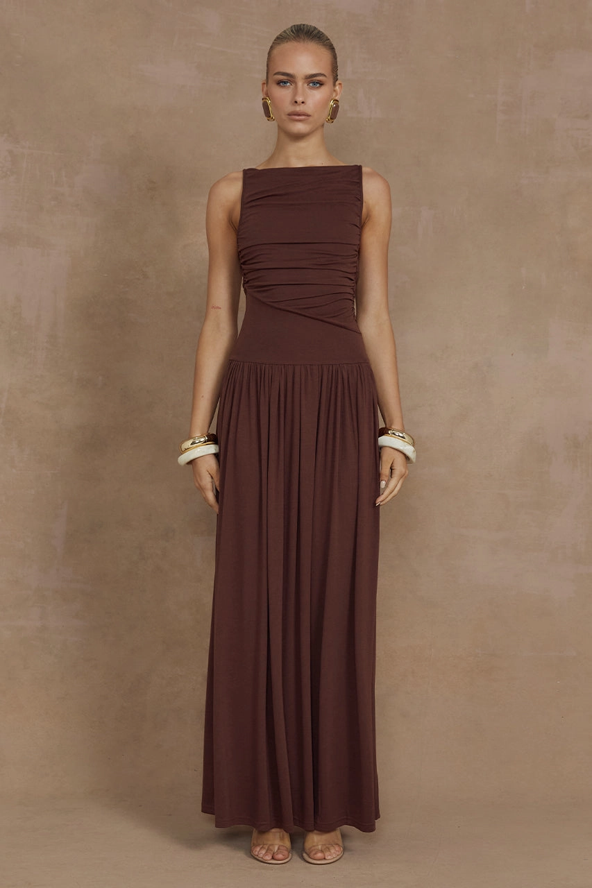Smile Feel Shiny Zip Nalla Maxi Dress - Brown