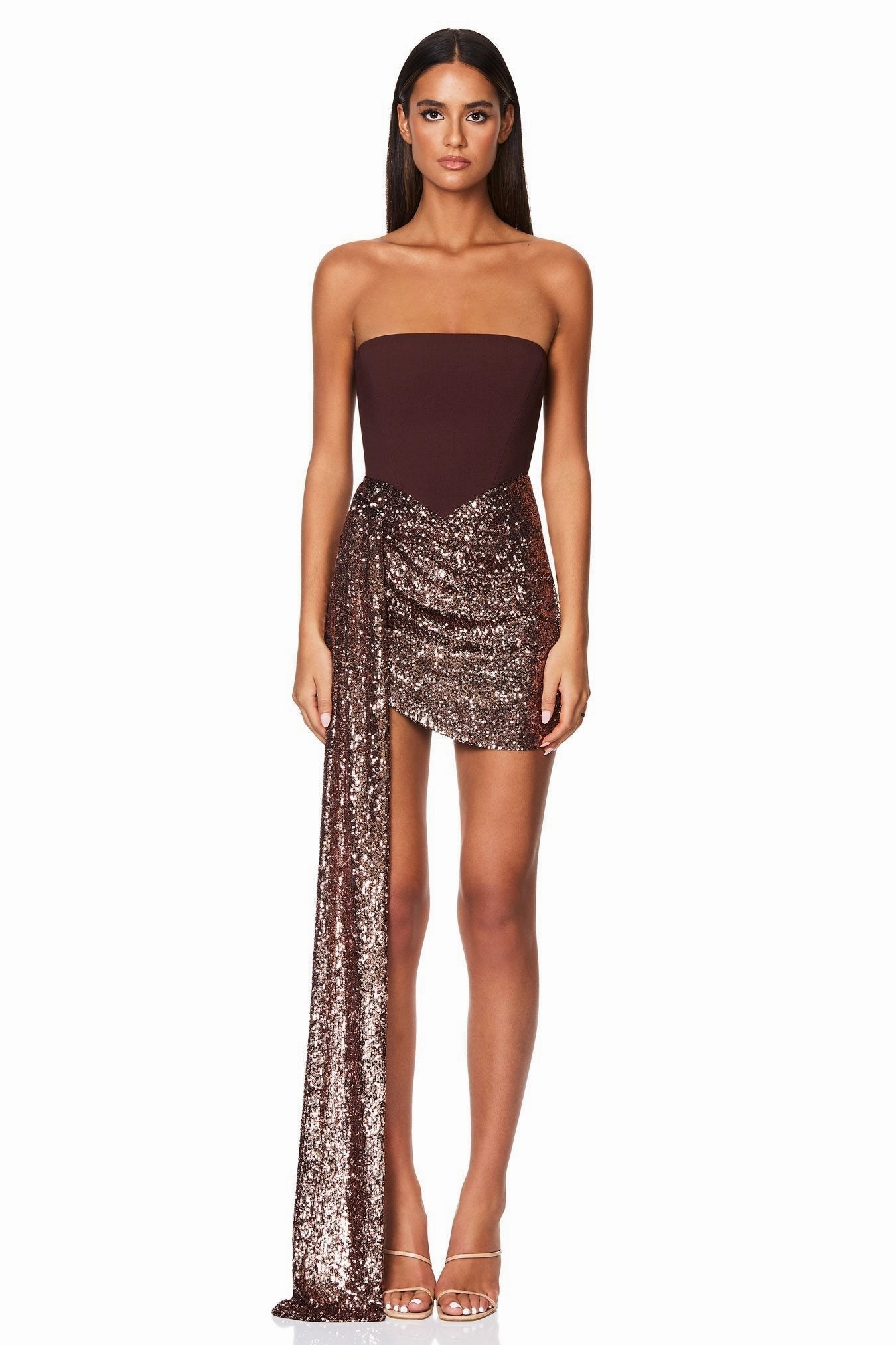 Nookie Monet Mini Dress - Cocoa/Copper Polished Motion Sculpted Detail