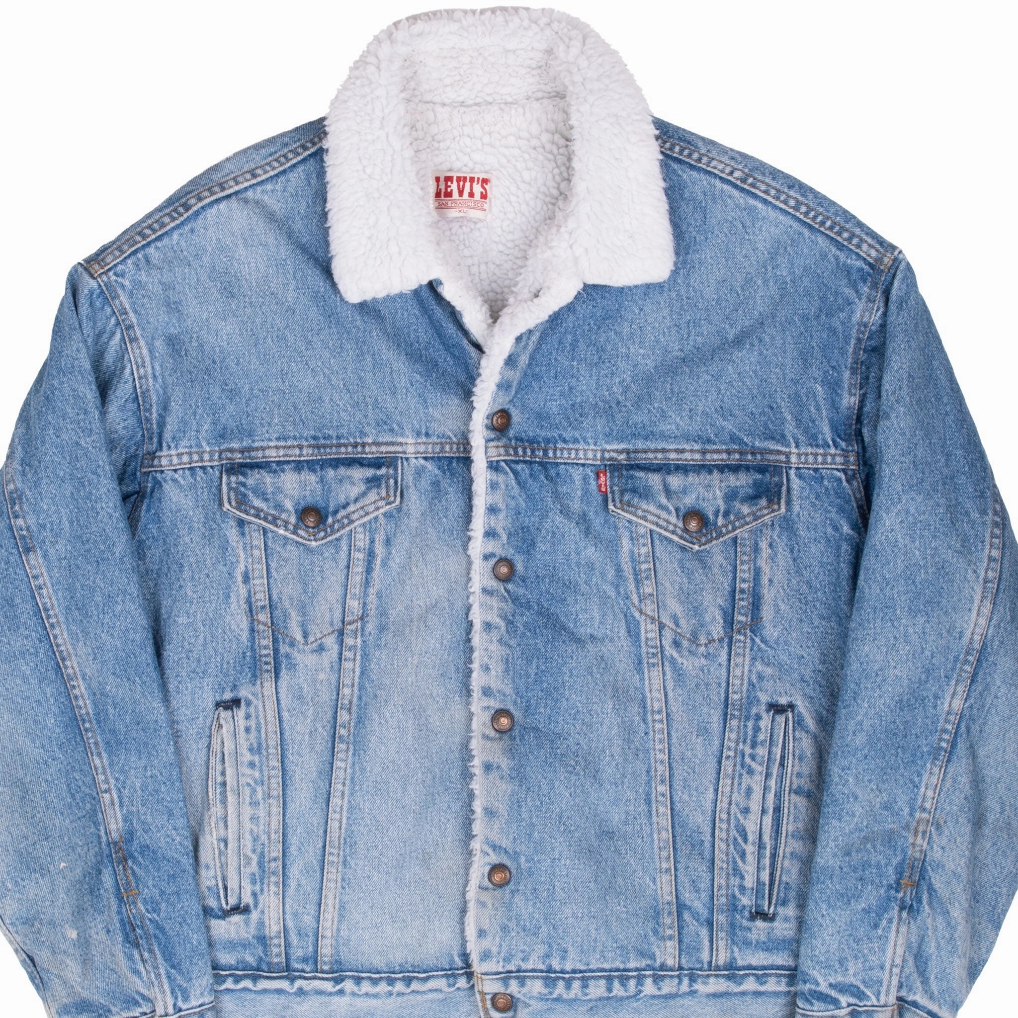 Eliminate VINTAGE LEVIS SHERPA TRUCKER BLUE DENIM JACKET 1980S XL MADE IN USA