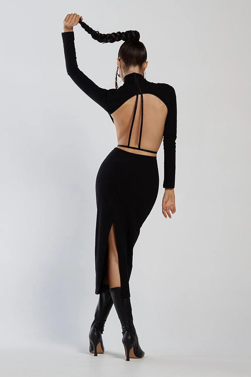 Valerie Midi Dress - Black Elegant Touch Front-Slit