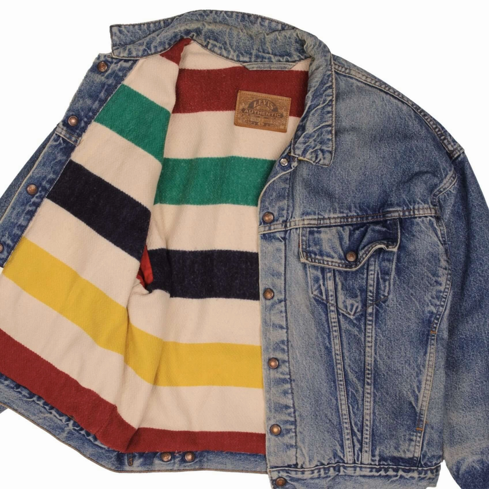 Give VINTAGE LEVIS REVERSIBLE TRUCKER DENIM JACKET 2 POCKETS 1980S LARGE MADE IN USA