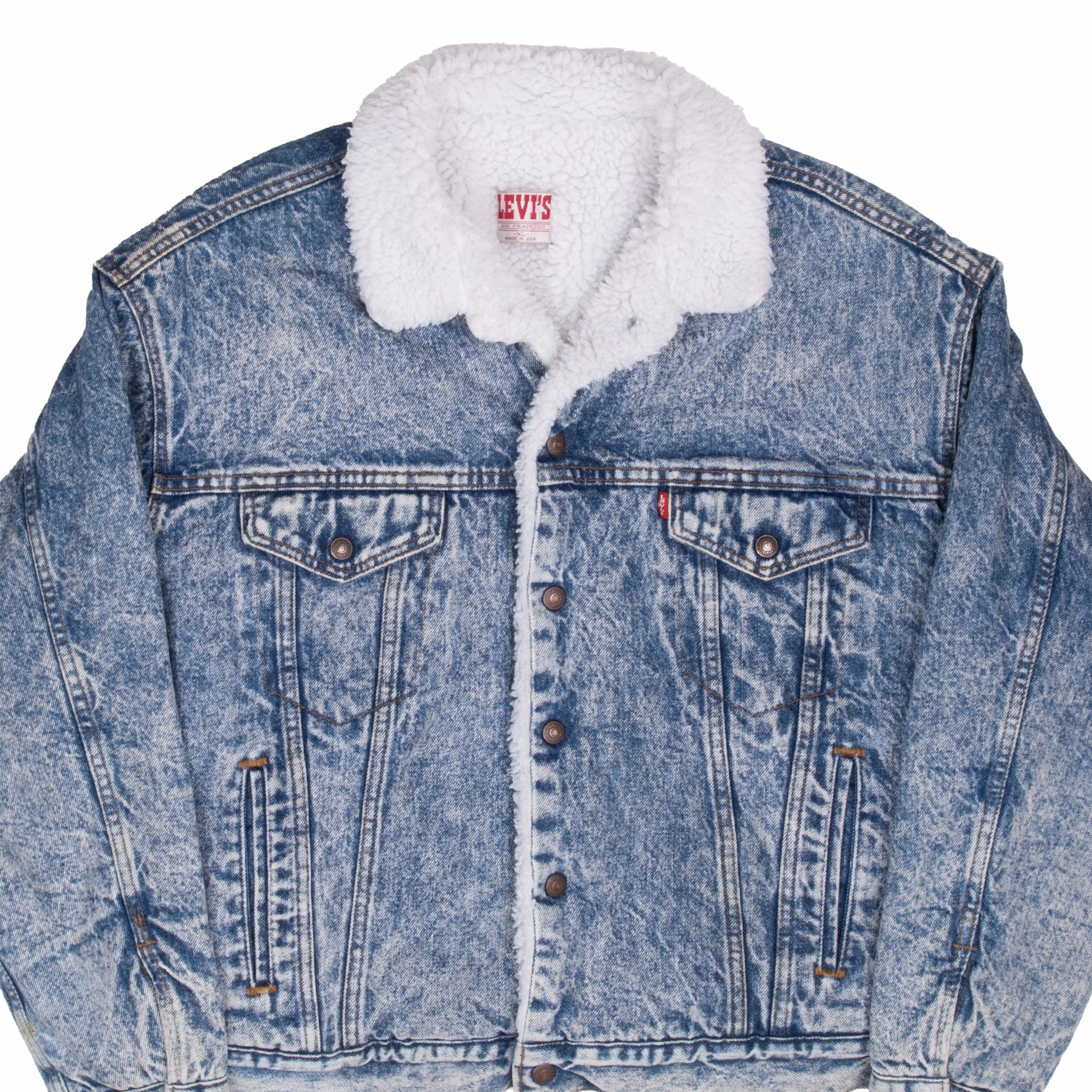 VINTAGE LEVIS SHERPA TRUCKER BLUE DENIM JACKET 1980S XL MADE IN USA Secure Storage Compartments