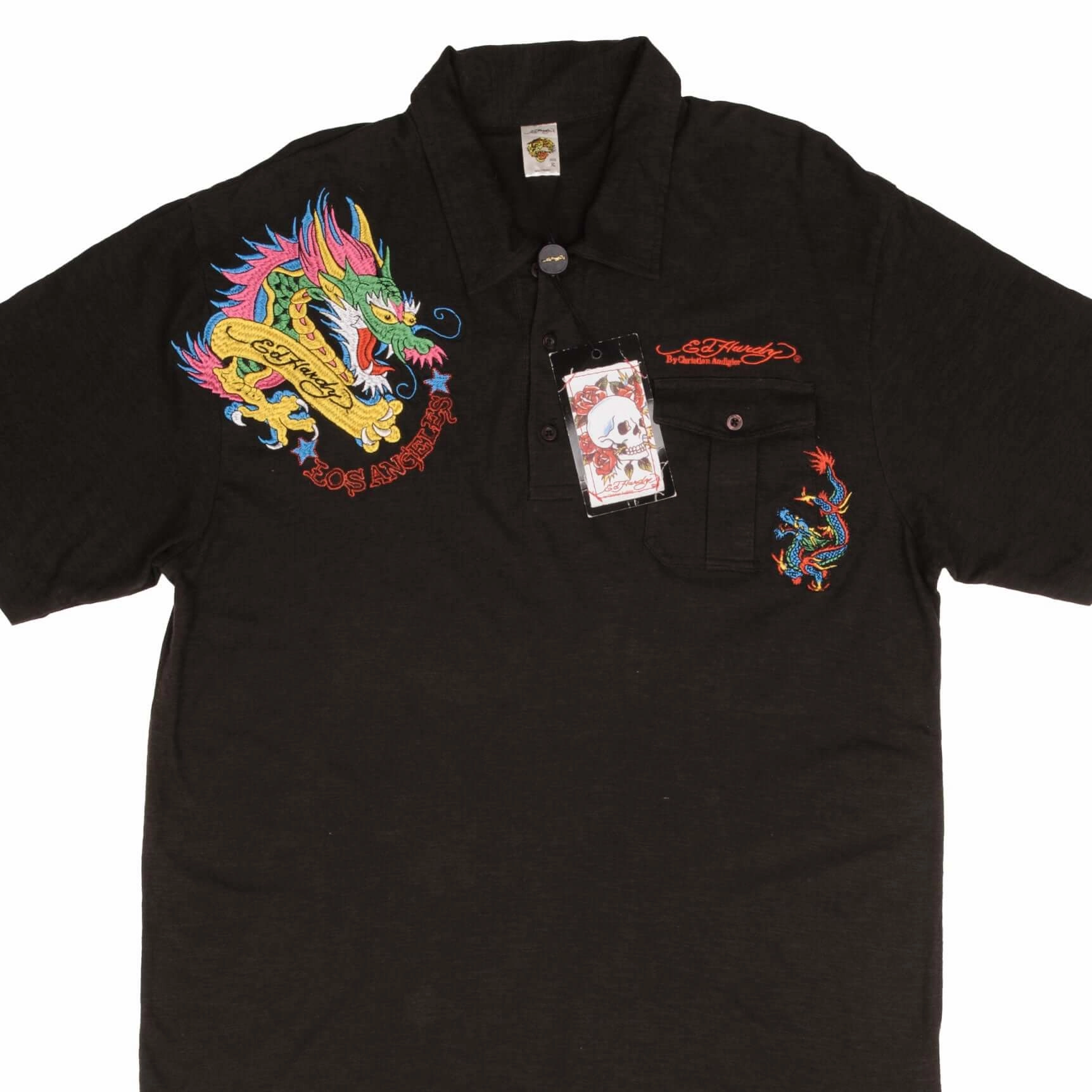 VINTAGE ED HARDY DRAGON EMBROIDERED POLO SHIRT 2000S SIZE XL DEADSTOCK Ethically Sourced Material