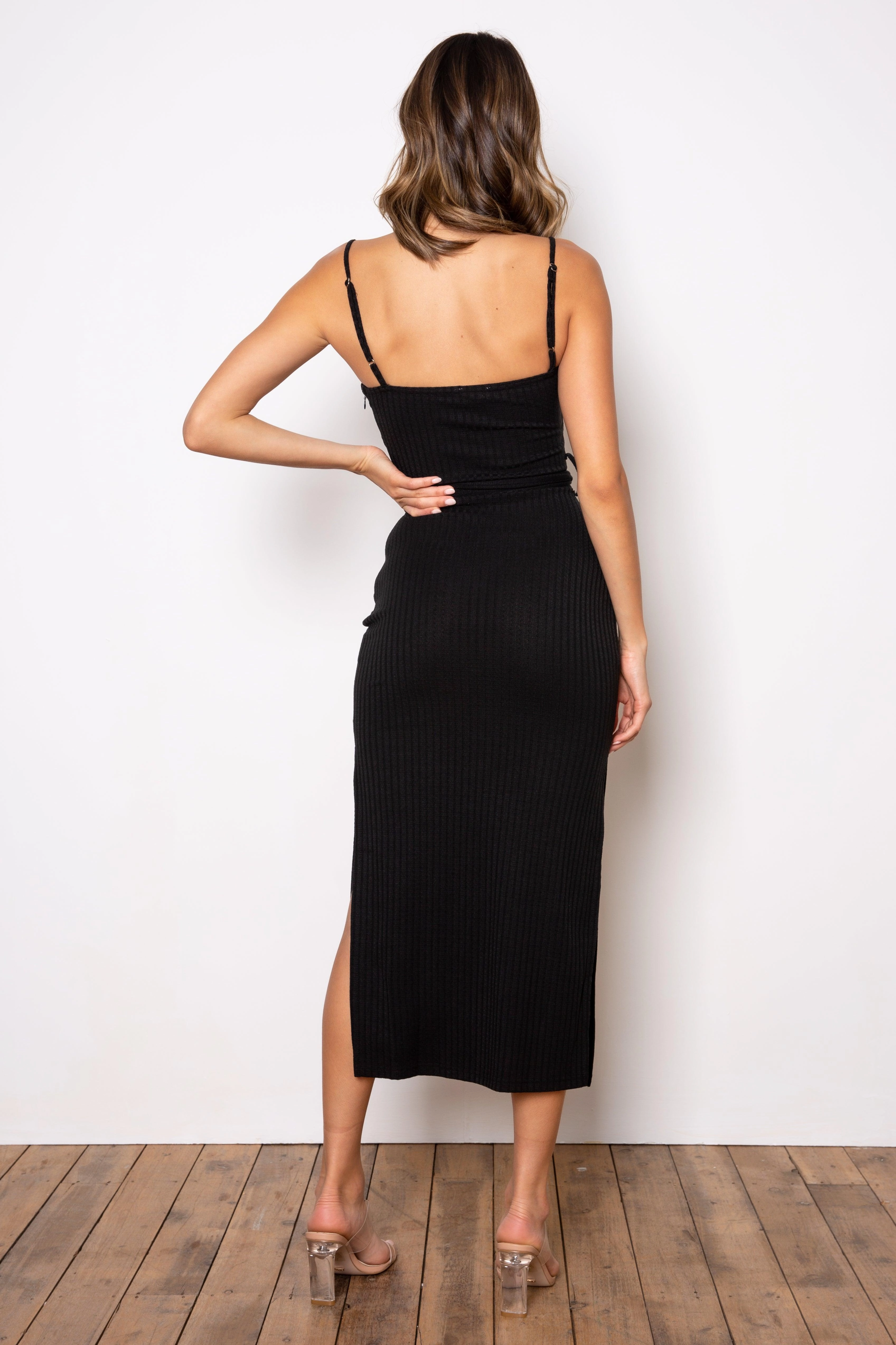 Rib Midi Dress - Black Minimalist Waist