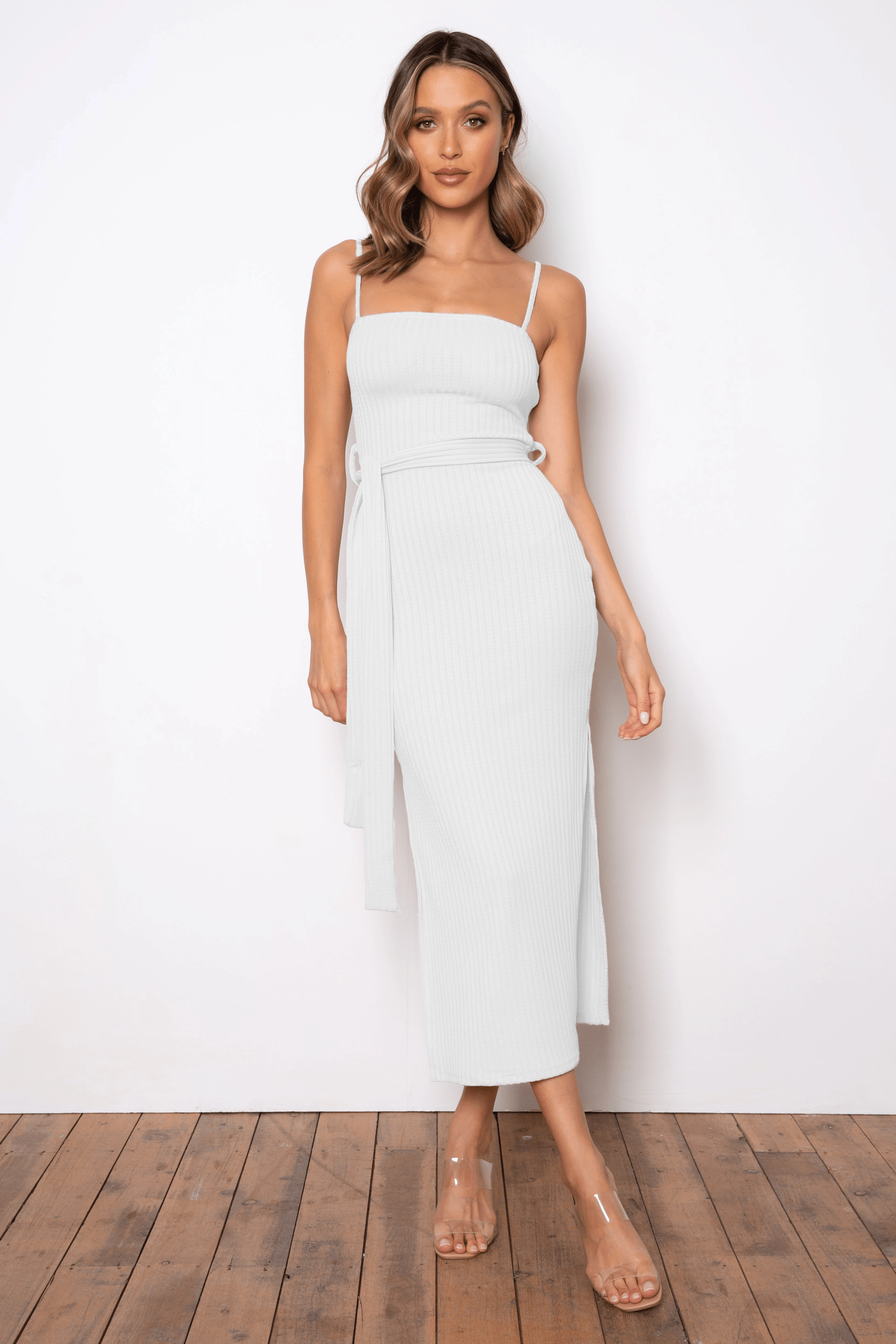 Rib Midi Dress - White Chic Waist