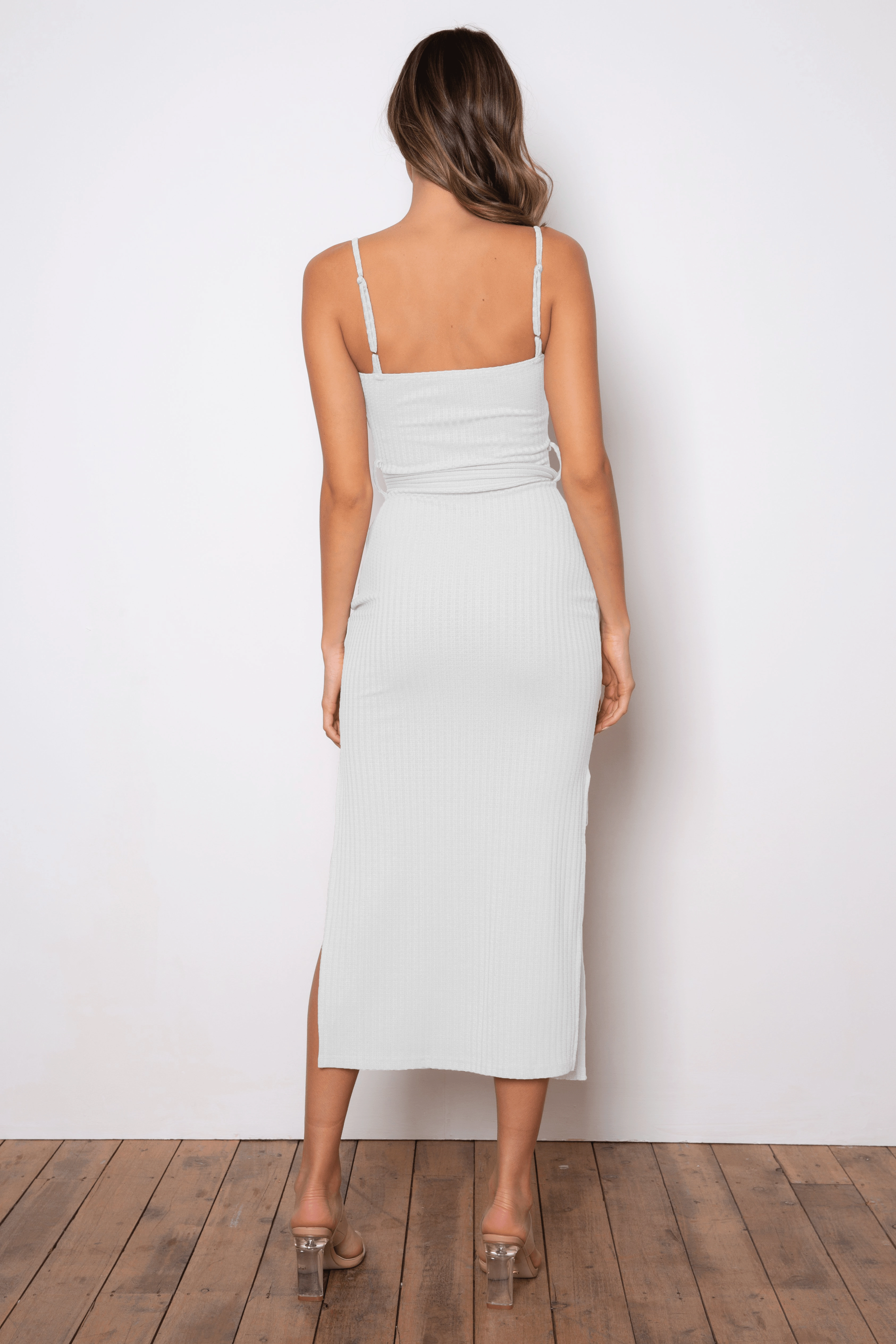 Rib Midi Dress - White Aura Glow Pleated-Skirt
