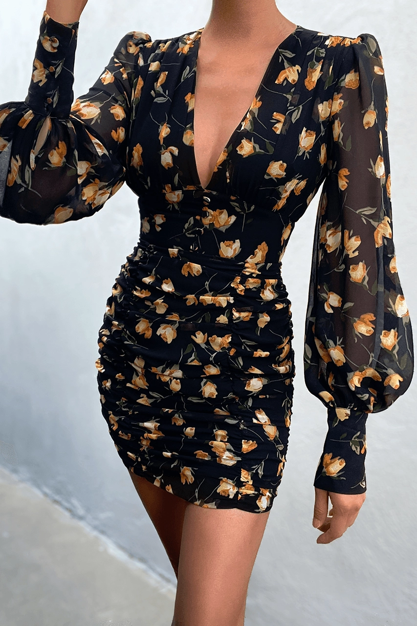 Rose Mini Dress - Navy Floral Adjustable-Straps Timeless Waistband Fit