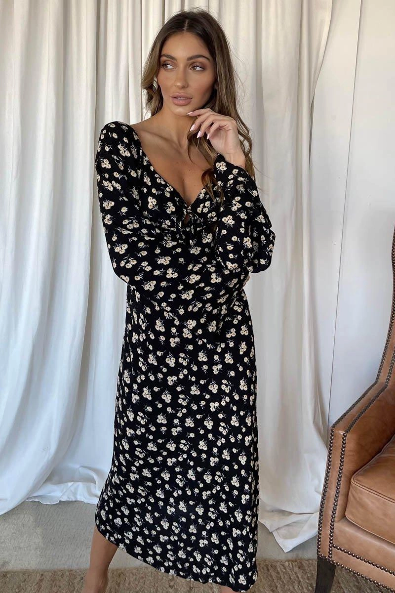 Minimalist-Trend Premium Fabric Fleur Dress - Black Daisy