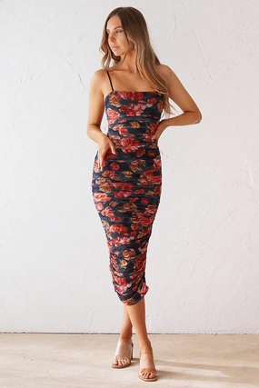 Sienna Midi Dress - Black Floral Artistic Shape Sleek Appearance