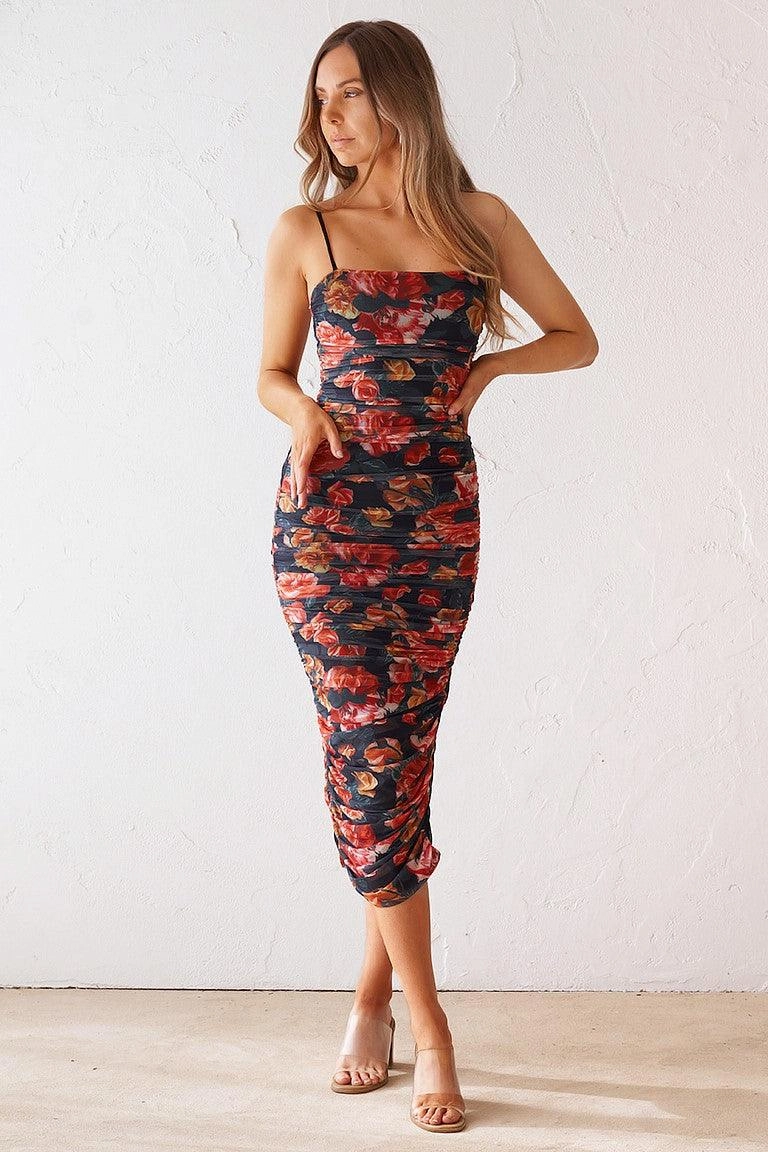 Sienna Midi Dress - Black Floral Artistic Shape Sleek Appearance