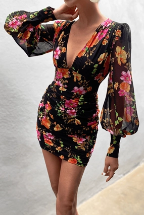 Kim Mini Dress - Black Floral Long Lines