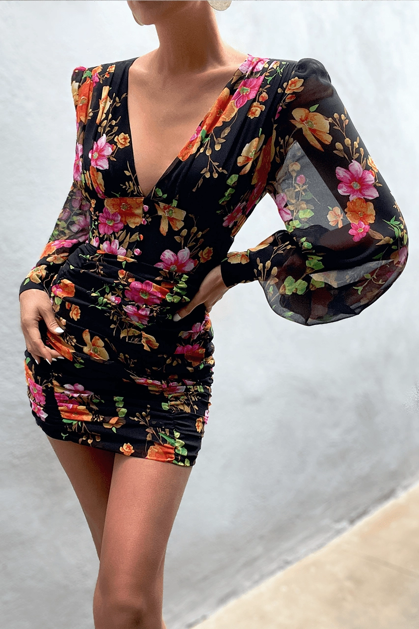 Kim Mini Dress - Black Floral Elastic-Cuff Timeless Energy