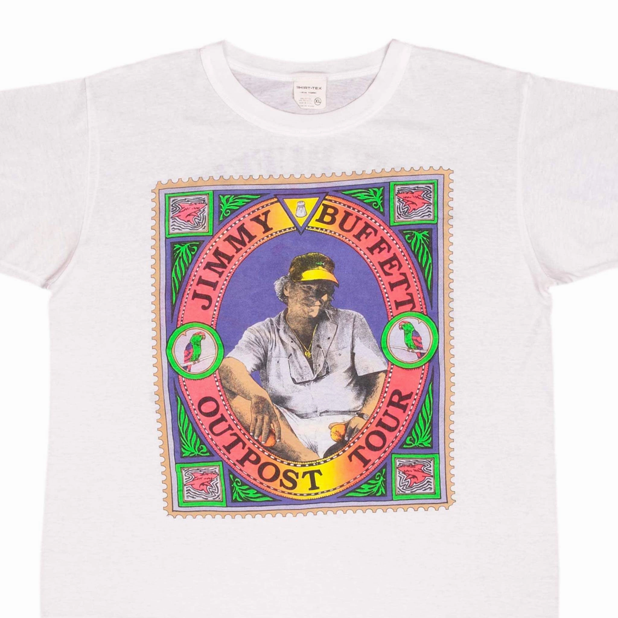 VINTAGE JIMMY BUFFETT OUTPOST TOUR 1991 TEE SHIRT SIZE LARGE MADE IN USA Soft Texture Flexible Neckline